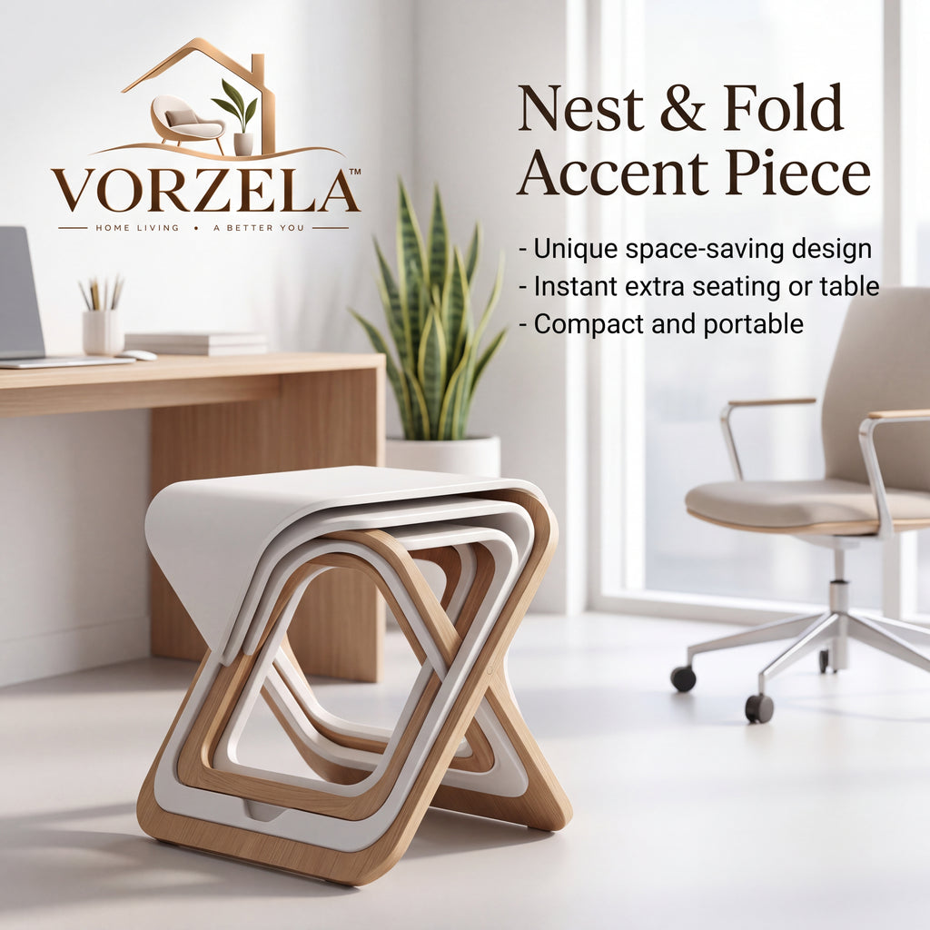 𝑽𝑶𝑹𝒁𝑬𝑳𝑨™ Nest & Fold Modern Accent Stool Set – 3-in-1 Space-Saving Nesting Side Table & Ottoman Stool for Home & Office