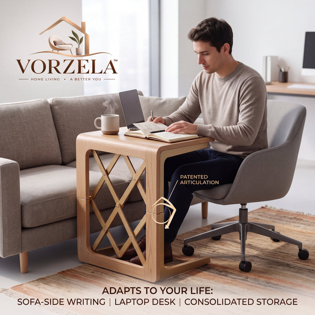 𝑽𝑶𝑹𝒁𝑬𝑳𝑨™ Orbital Folding C-Shaped Side Table – Articulated Space-Saving Wooden End Table for Sofa, Couch & Office Chair