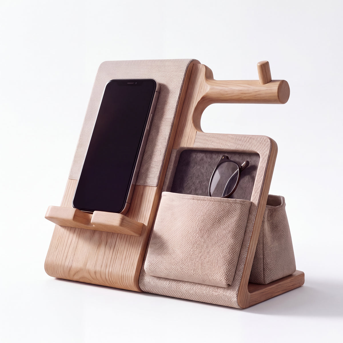 𝑽𝑶𝑹𝒁𝑬𝑳𝑨™ Sleek Bedside Valet & Desk Organizer – All-in-One Wooden Phone Stand, Watch Hanger, Glasses Tray & EDC Catchall Station for Nightstand & Office