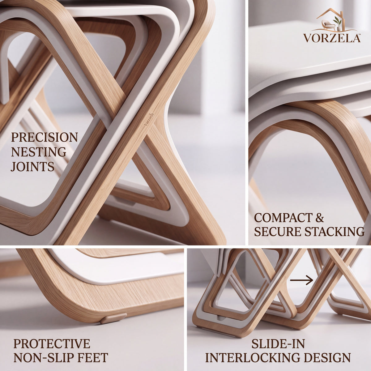 𝑽𝑶𝑹𝒁𝑬𝑳𝑨™ Nest & Fold Modern Accent Stool Set – 3-in-1 Space-Saving Nesting Side Table & Ottoman Stool for Home & Office