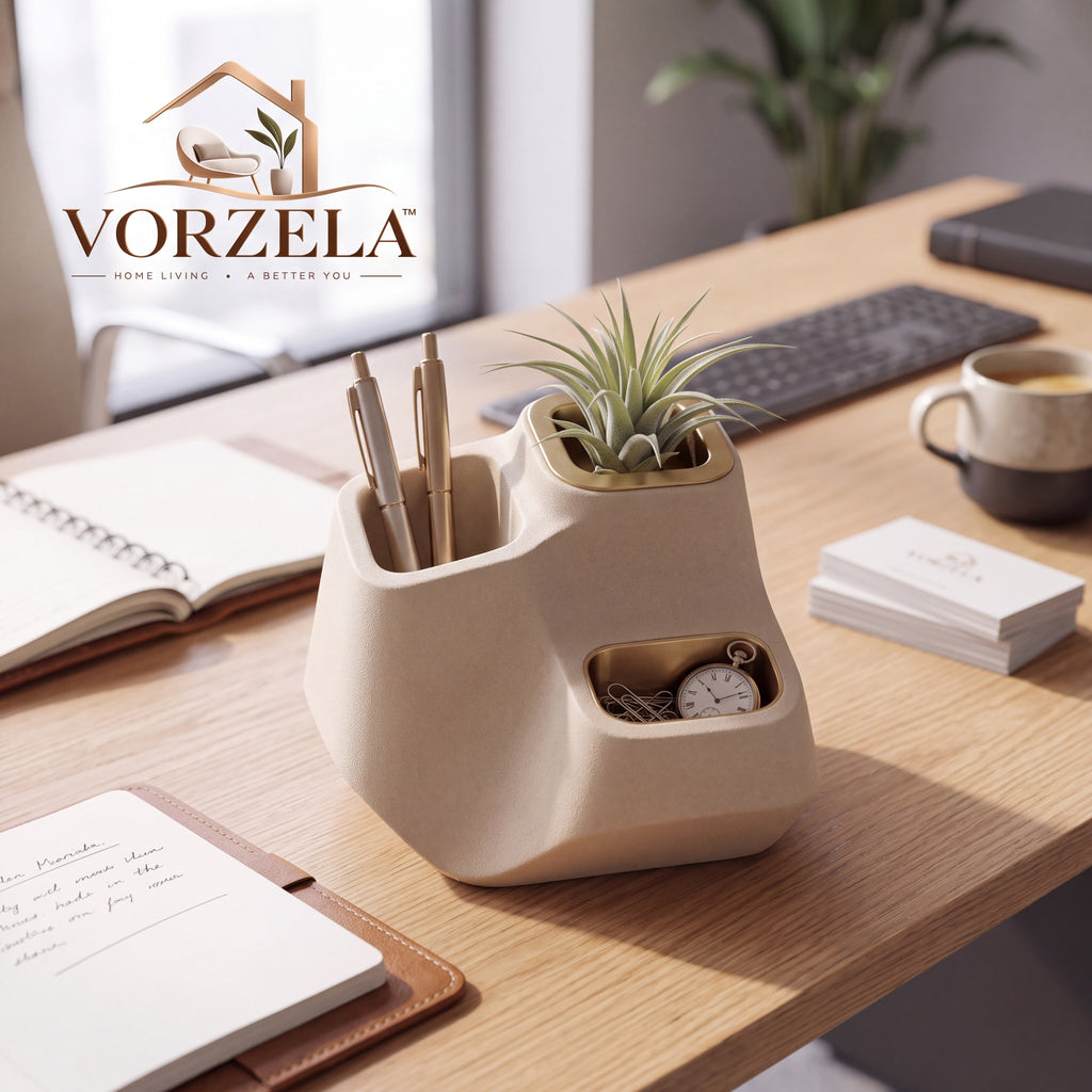 𝑽𝑶𝑹𝒁𝑬𝑳𝑨™ Fluid Desk Organizer – Minimalist Sculptural Pen Holder & Multi-Compartment Desktop Caddy with Brushed Brass Accents