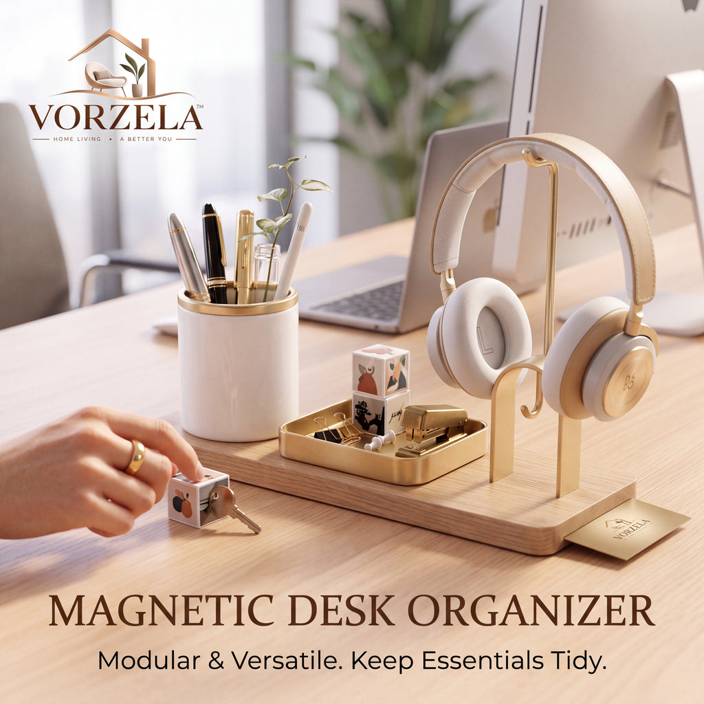𝑽𝑶𝑹𝒁𝑬𝑳𝑨™ Magnetic Wooden Desk Organizer Set – Modular Aesthetic Desk Caddy with Pen Holder, Brass Catchall Tray & Arch Accessory Hook for Office & Home Workspace
