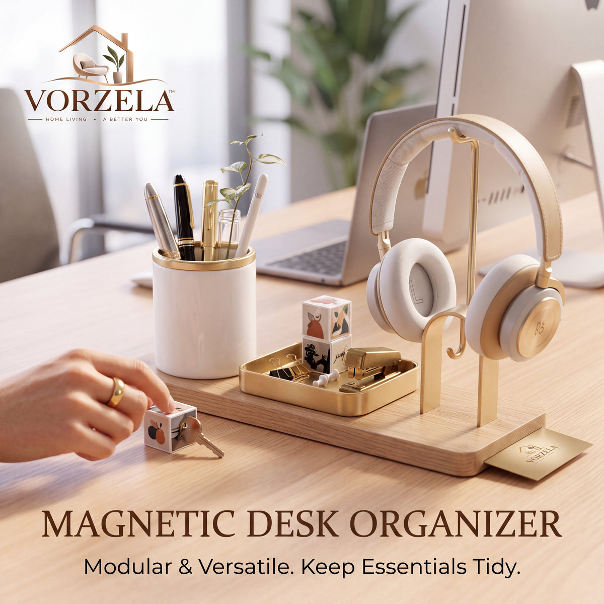 𝑽𝑶𝑹𝒁𝑬𝑳𝑨™ Magnetic Wooden Desk Organizer Set – Modular Aesthetic Desk Caddy with Pen Holder, Brass Catchall Tray & Arch Accessory Hook for Office & Home Workspace