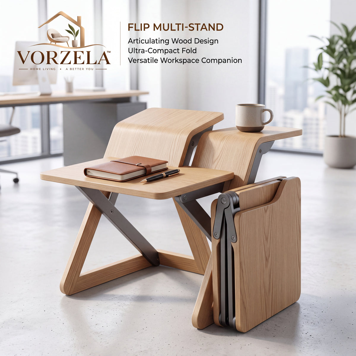 𝑽𝑶𝑹𝒁𝑬𝑳𝑨™ Flip Multi-Stand – Foldable Articulating Wood Multi-Tier Desk & Compact Workspace Riser