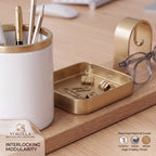 𝑽𝑶𝑹𝒁𝑬𝑳𝑨™ Magnetic Wooden Desk Organizer Set – Modular Aesthetic Desk Caddy with Pen Holder, Brass Catchall Tray & Arch Accessory Hook for Office & Home Workspace