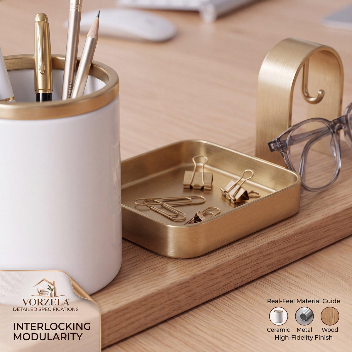 𝑽𝑶𝑹𝒁𝑬𝑳𝑨™ Magnetic Wooden Desk Organizer Set – Modular Aesthetic Desk Caddy with Pen Holder, Brass Catchall Tray & Arch Accessory Hook for Office & Home Workspace