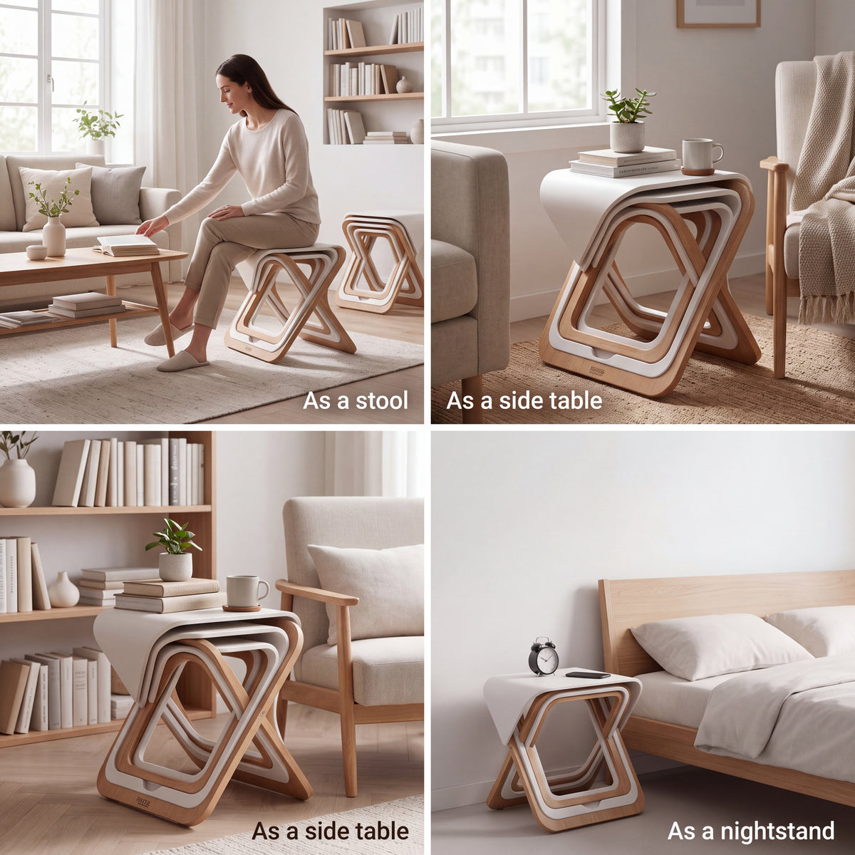 𝑽𝑶𝑹𝒁𝑬𝑳𝑨™ Nest & Fold Modern Accent Stool Set – 3-in-1 Space-Saving Nesting Side Table & Ottoman Stool for Home & Office