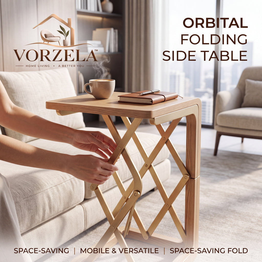 𝑽𝑶𝑹𝒁𝑬𝑳𝑨™ Orbital Folding C-Shaped Side Table – Articulated Space-Saving Wooden End Table for Sofa, Couch & Office Chair