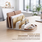 𝑽𝑶𝑹𝒁𝑬𝑳𝑨™ Wave Series Desk Organizer – Modern Multi-Tier Desktop Sorter & Storage Tray with Brushed Brass Accents & Wood Valet for Notebooks, Documents, Pens, and Accessories