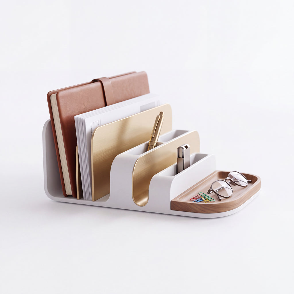 𝑽𝑶𝑹𝒁𝑬𝑳𝑨™ Wave Series Desk Organizer – Modern Multi-Tier Desktop Sorter & Storage Tray with Brushed Brass Accents & Wood Valet for Notebooks, Documents, Pens, and Accessories