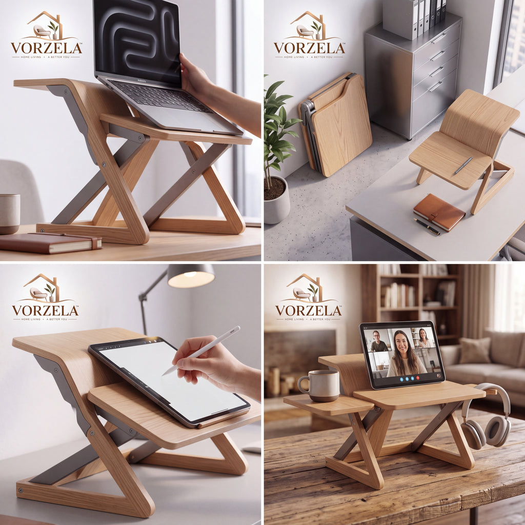 𝑽𝑶𝑹𝒁𝑬𝑳𝑨™ Flip Multi-Stand – Foldable Articulating Wood Multi-Tier Desk & Compact Workspace Riser