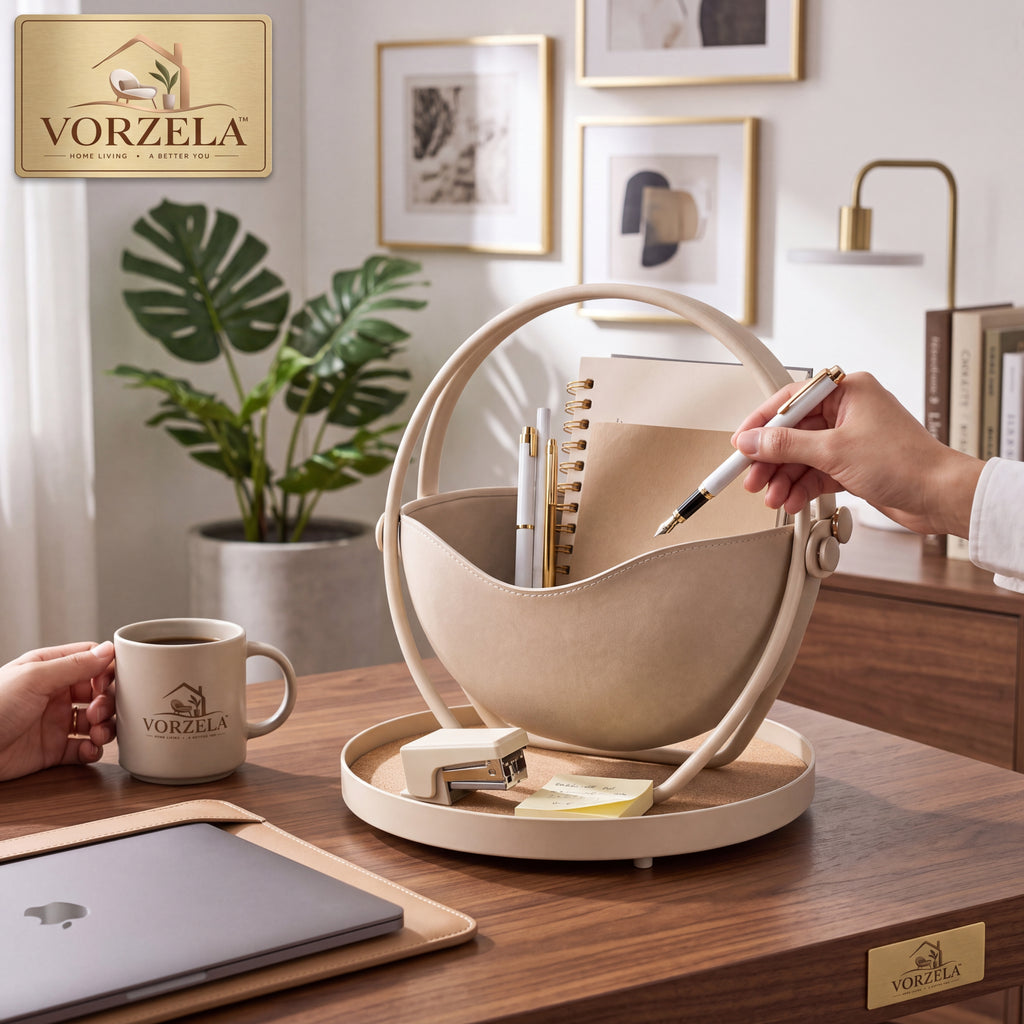 𝑽𝑶𝑹𝒁𝑬𝑳𝑨™ ORBIT Desk Organizer – Modern Vegan Leather & Metal Desktop Caddy with Catchall Base Tray, Aesthetic Pen & Notebook Holder for Home Office