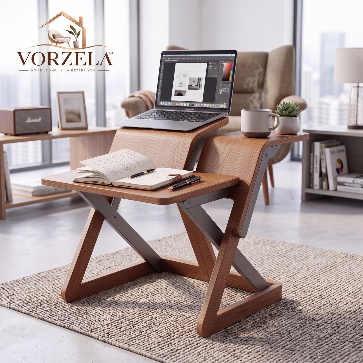 𝑽𝑶𝑹𝒁𝑬𝑳𝑨™ Flip Multi-Stand – Foldable Articulating Wood Multi-Tier Desk & Compact Workspace Riser