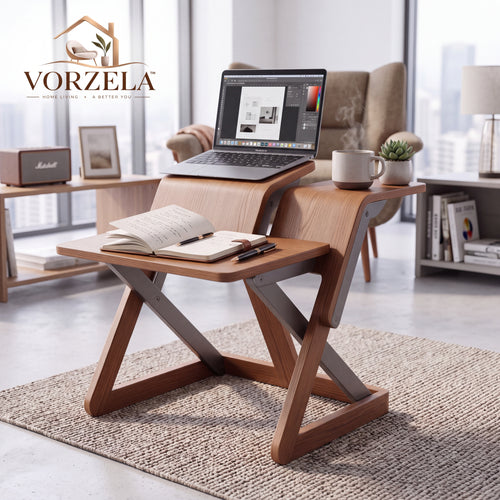𝑽𝑶𝑹𝒁𝑬𝑳𝑨™ Flip Multi-Stand – Foldable Articulating Wood Multi-Tier Desk & Compact Workspace Riser