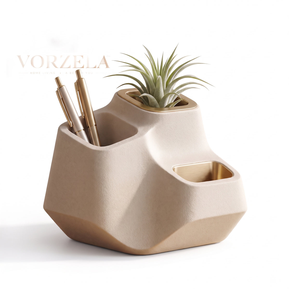𝑽𝑶𝑹𝒁𝑬𝑳𝑨™ Fluid Desk Organizer – Minimalist Sculptural Pen Holder & Multi-Compartment Desktop Caddy with Brushed Brass Accents