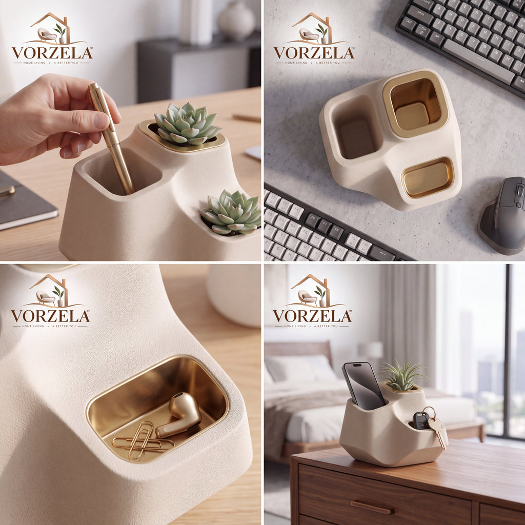 𝑽𝑶𝑹𝒁𝑬𝑳𝑨™ Fluid Desk Organizer – Minimalist Sculptural Pen Holder & Multi-Compartment Desktop Caddy with Brushed Brass Accents