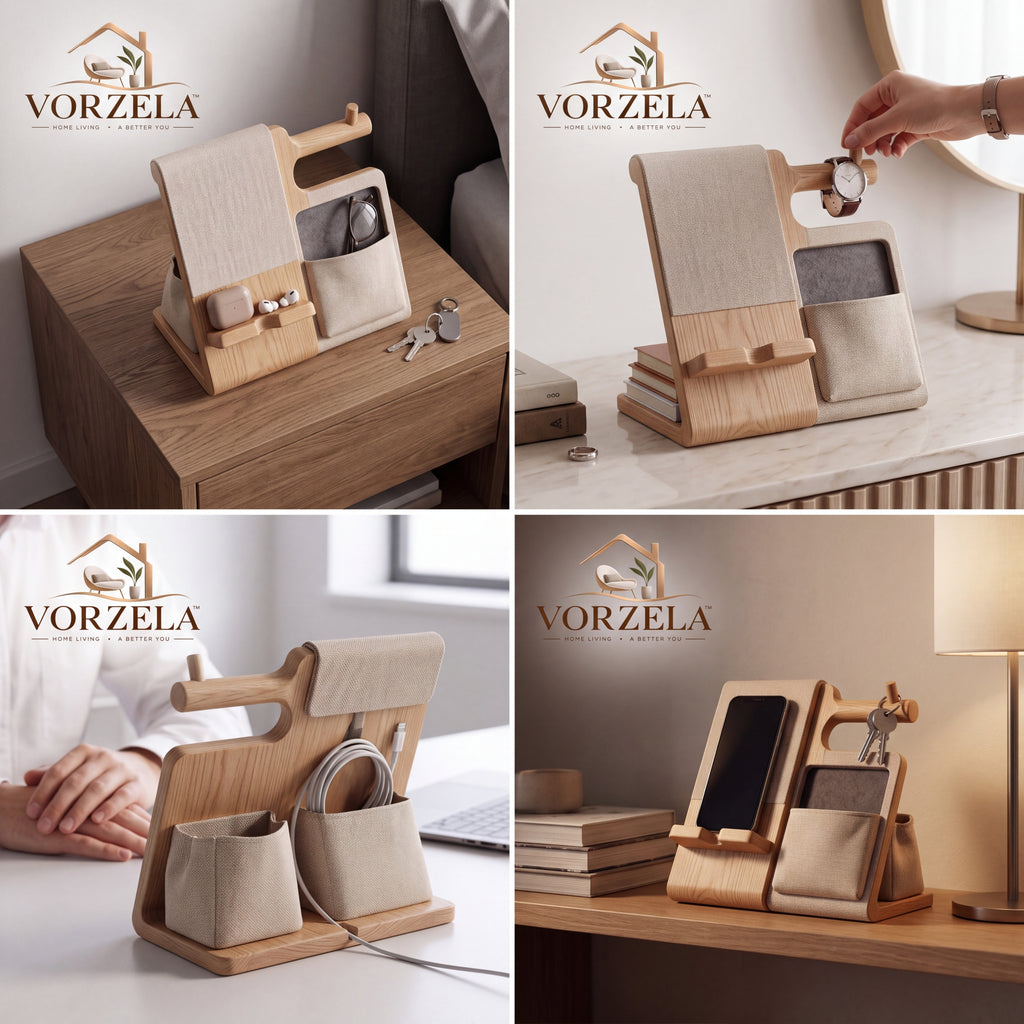 𝑽𝑶𝑹𝒁𝑬𝑳𝑨™ Sleek Bedside Valet & Desk Organizer – All-in-One Wooden Phone Stand, Watch Hanger, Glasses Tray & EDC Catchall Station for Nightstand & Office