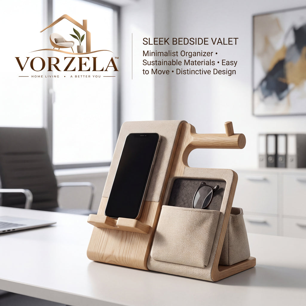 𝑽𝑶𝑹𝒁𝑬𝑳𝑨™ Sleek Bedside Valet & Desk Organizer – All-in-One Wooden Phone Stand, Watch Hanger, Glasses Tray & EDC Catchall Station for Nightstand & Office