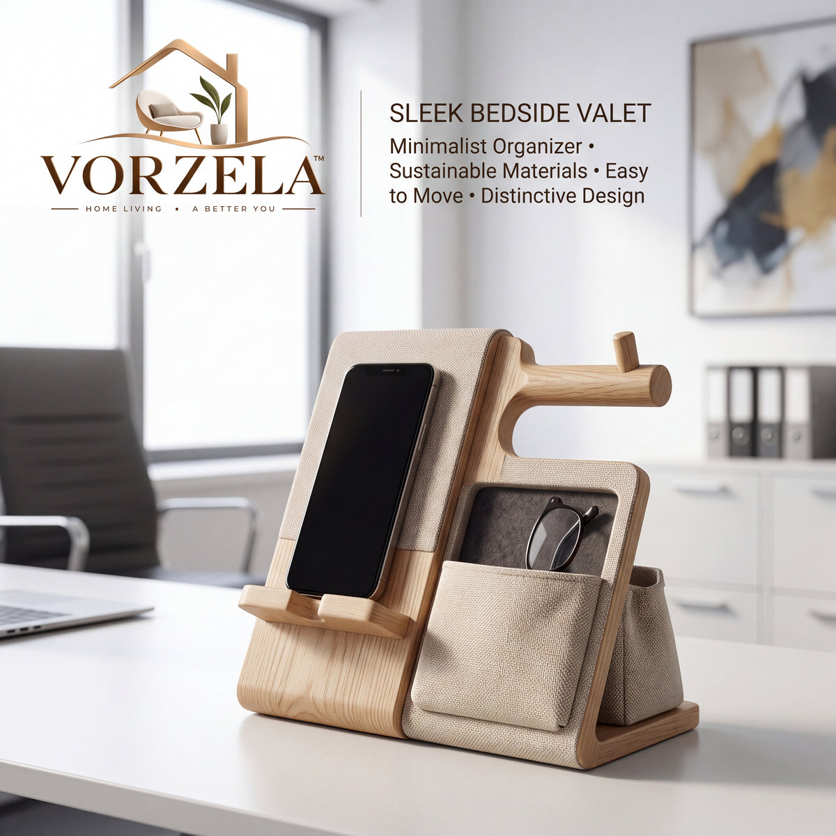 𝑽𝑶𝑹𝒁𝑬𝑳𝑨™ Sleek Bedside Valet & Desk Organizer – All-in-One Wooden Phone Stand, Watch Hanger, Glasses Tray & EDC Catchall Station for Nightstand & Office