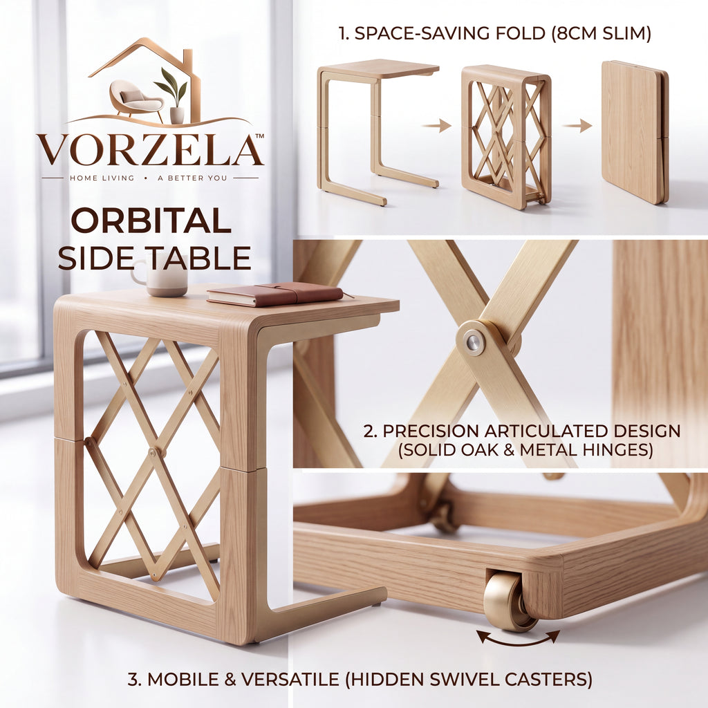 𝑽𝑶𝑹𝒁𝑬𝑳𝑨™ Orbital Folding C-Shaped Side Table – Articulated Space-Saving Wooden End Table for Sofa, Couch & Office Chair