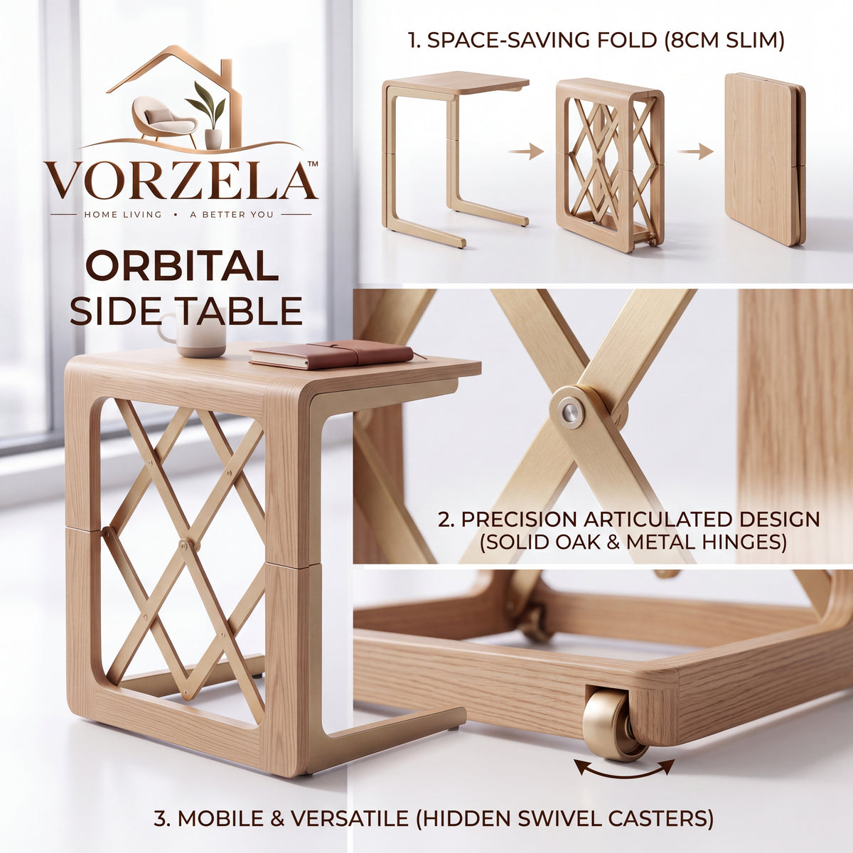 𝑽𝑶𝑹𝒁𝑬𝑳𝑨™ Orbital Folding C-Shaped Side Table – Articulated Space-Saving Wooden End Table for Sofa, Couch & Office Chair