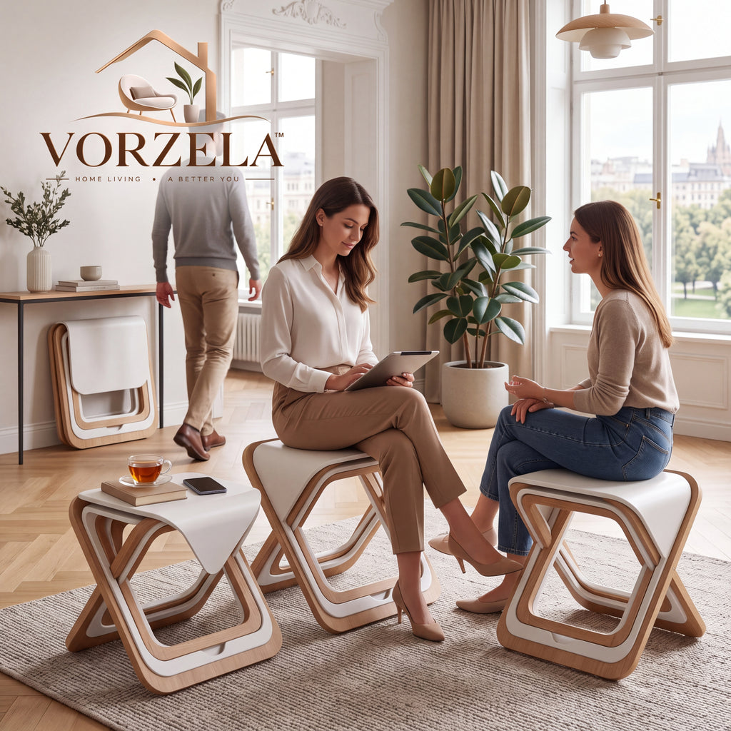 𝑽𝑶𝑹𝒁𝑬𝑳𝑨™ Nest & Fold Modern Accent Stool Set – 3-in-1 Space-Saving Nesting Side Table & Ottoman Stool for Home & Office