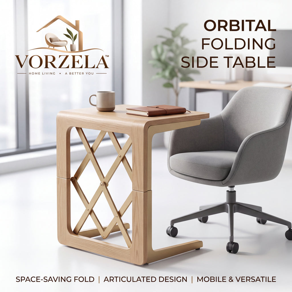 𝑽𝑶𝑹𝒁𝑬𝑳𝑨™ Orbital Folding C-Shaped Side Table – Articulated Space-Saving Wooden End Table for Sofa, Couch & Office Chair