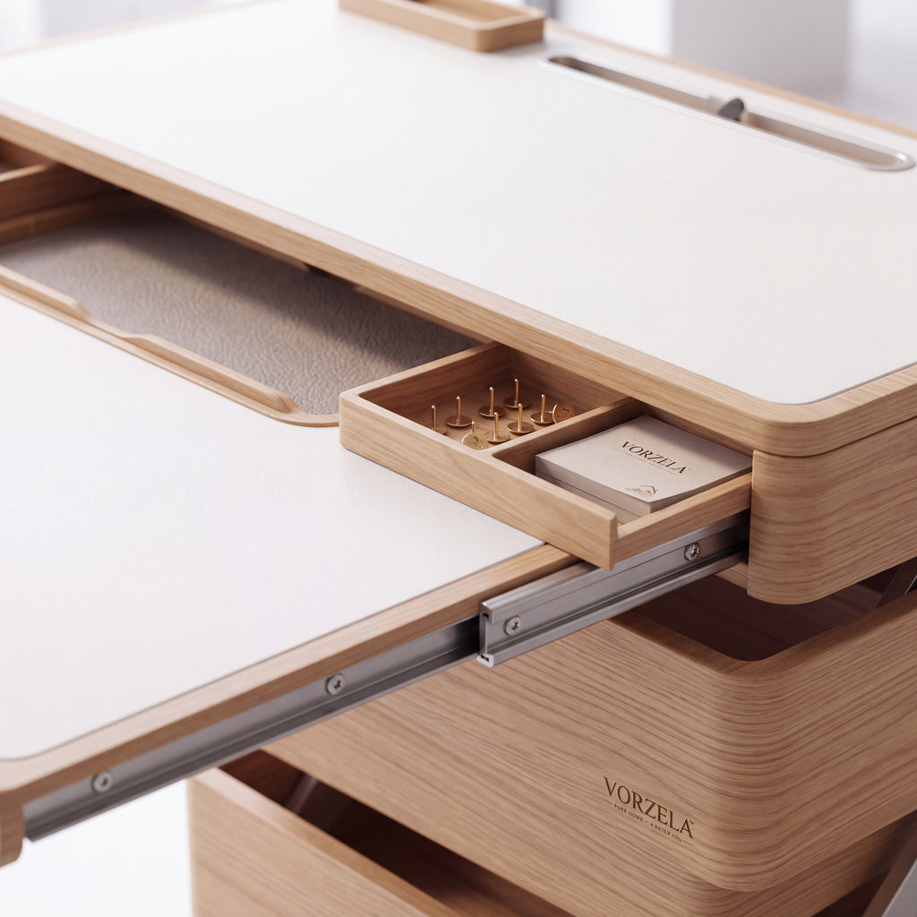 𝑽𝑶𝑹𝒁𝑬𝑳𝑨™ Folding Desk Companion – Multi-Tier Expandable Wooden Workstation with Built-in Hidden Storage