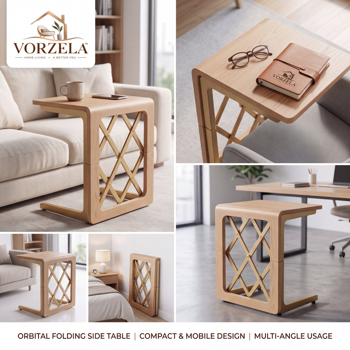 𝑽𝑶𝑹𝒁𝑬𝑳𝑨™ Orbital Folding C-Shaped Side Table – Articulated Space-Saving Wooden End Table for Sofa, Couch & Office Chair