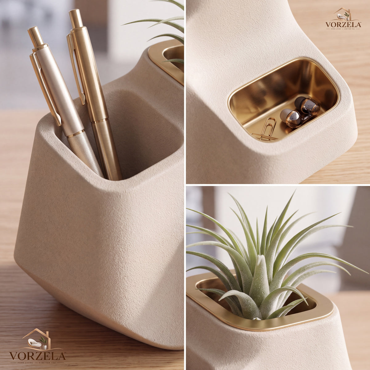 𝑽𝑶𝑹𝒁𝑬𝑳𝑨™ Fluid Desk Organizer – Minimalist Sculptural Pen Holder & Multi-Compartment Desktop Caddy with Brushed Brass Accents