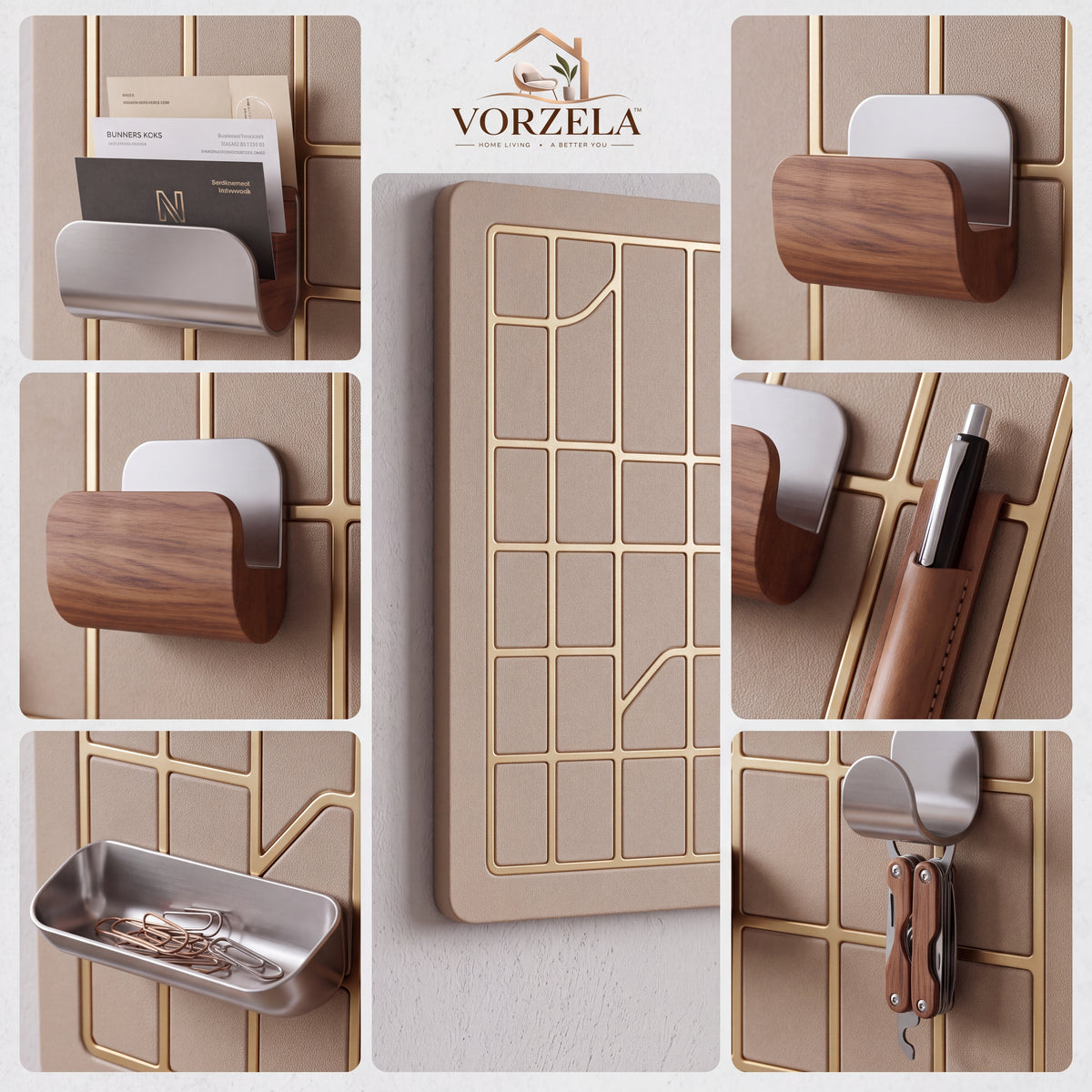 𝑽𝑶𝑹𝒁𝑬𝑳𝑨™ Luxury Modular Wall Organizer – Minimalist Grid Pegboard with Multi-Functional Trays, Hooks & Pen Holder for Home Office & Entryway