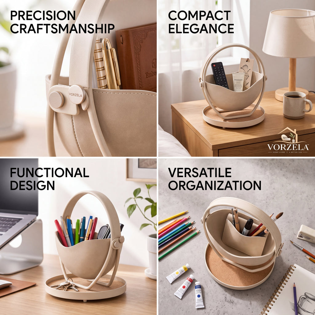 𝑽𝑶𝑹𝒁𝑬𝑳𝑨™ ORBIT Desk Organizer – Modern Vegan Leather & Metal Desktop Caddy with Catchall Base Tray, Aesthetic Pen & Notebook Holder for Home Office