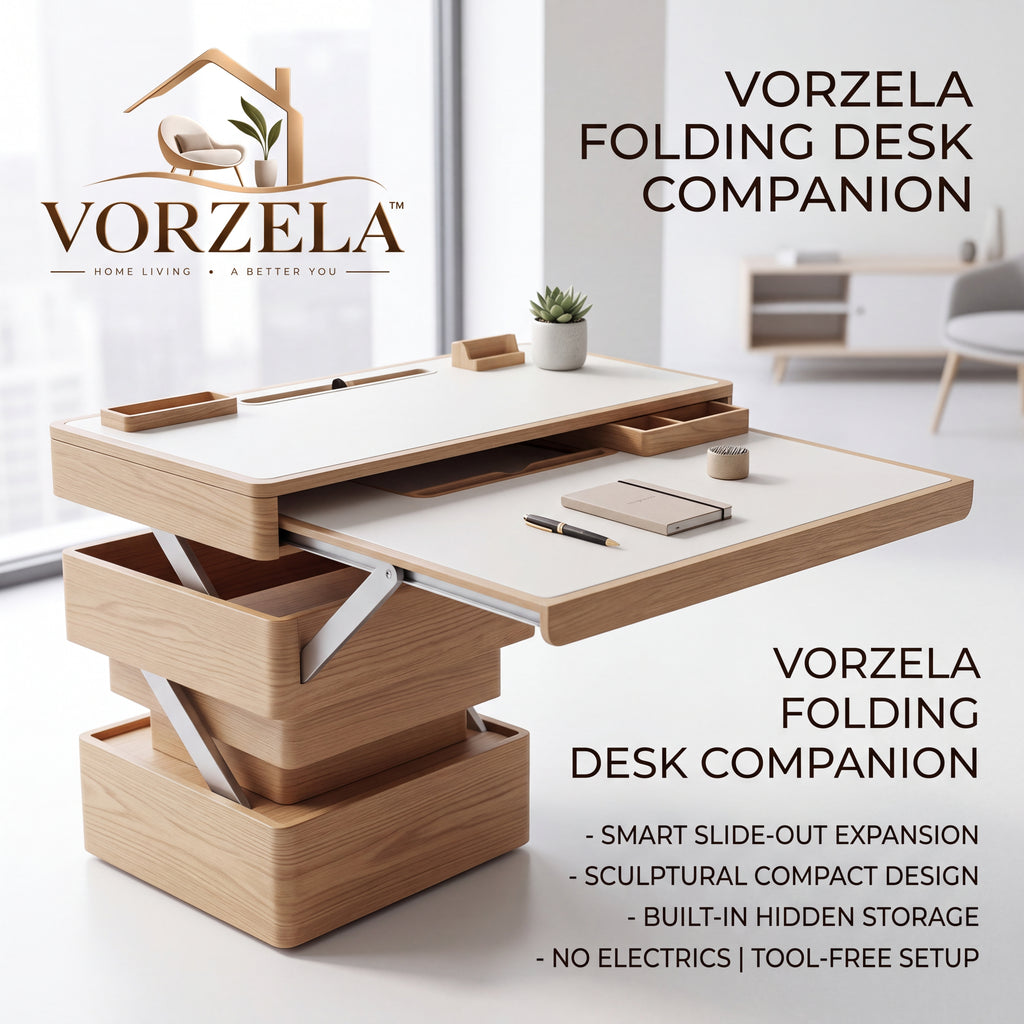 𝑽𝑶𝑹𝒁𝑬𝑳𝑨™ Folding Desk Companion – Multi-Tier Expandable Wooden Workstation with Built-in Hidden Storage