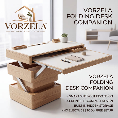 𝑽𝑶𝑹𝒁𝑬𝑳𝑨™ Folding Desk Companion – Multi-Tier Expandable Wooden Workstation with Built-in Hidden Storage