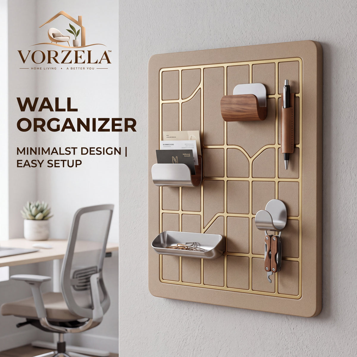 𝑽𝑶𝑹𝒁𝑬𝑳𝑨™ Luxury Modular Wall Organizer – Minimalist Grid Pegboard with Multi-Functional Trays, Hooks & Pen Holder for Home Office & Entryway