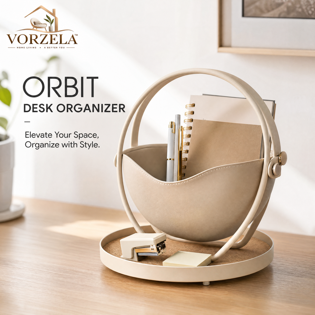 𝑽𝑶𝑹𝒁𝑬𝑳𝑨™ ORBIT Desk Organizer – Modern Vegan Leather & Metal Desktop Caddy with Catchall Base Tray, Aesthetic Pen & Notebook Holder for Home Office