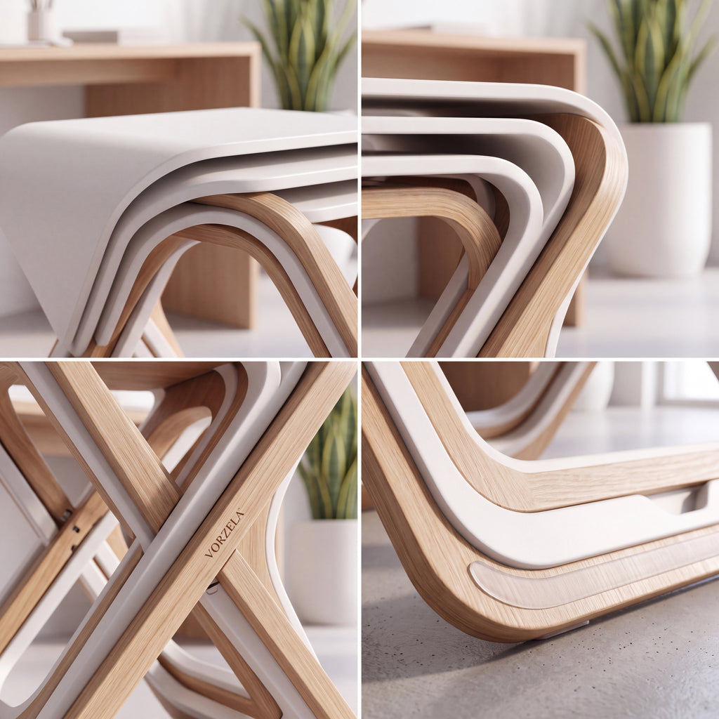 𝑽𝑶𝑹𝒁𝑬𝑳𝑨™ Nest & Fold Modern Accent Stool Set – 3-in-1 Space-Saving Nesting Side Table & Ottoman Stool for Home & Office