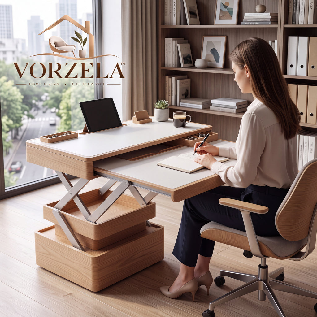 𝑽𝑶𝑹𝒁𝑬𝑳𝑨™ Folding Desk Companion – Multi-Tier Expandable Wooden Workstation with Built-in Hidden Storage