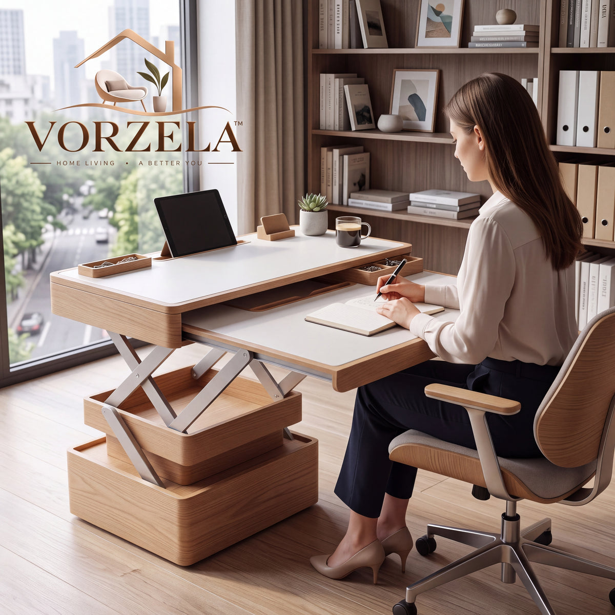 𝑽𝑶𝑹𝒁𝑬𝑳𝑨™ Folding Desk Companion – Multi-Tier Expandable Wooden Workstation with Built-in Hidden Storage