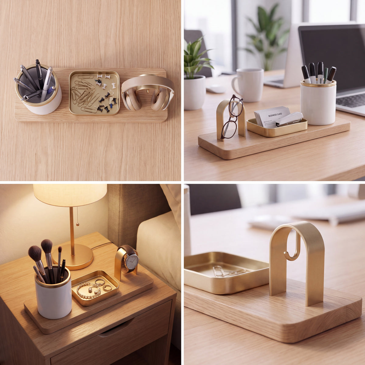 𝑽𝑶𝑹𝒁𝑬𝑳𝑨™ Magnetic Wooden Desk Organizer Set – Modular Aesthetic Desk Caddy with Pen Holder, Brass Catchall Tray & Arch Accessory Hook for Office & Home Workspace