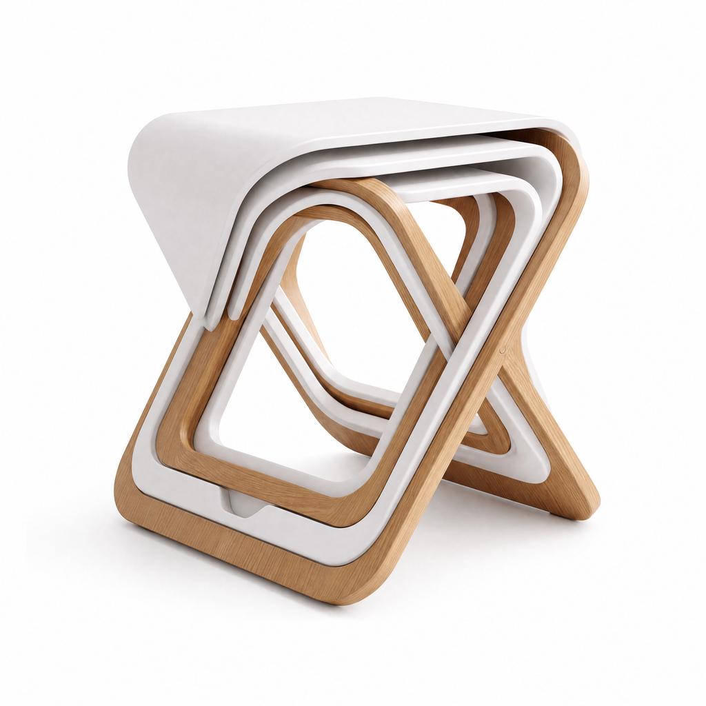 𝑽𝑶𝑹𝒁𝑬𝑳𝑨™ Nest & Fold Modern Accent Stool Set – 3-in-1 Space-Saving Nesting Side Table & Ottoman Stool for Home & Office