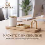 𝑽𝑶𝑹𝒁𝑬𝑳𝑨™ Magnetic Wooden Desk Organizer Set – Modular Aesthetic Desk Caddy with Pen Holder, Brass Catchall Tray & Arch Accessory Hook for Office & Home Workspace