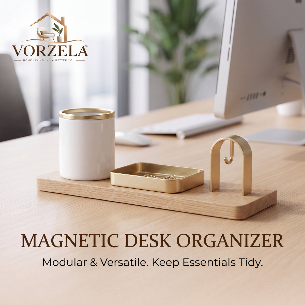 𝑽𝑶𝑹𝒁𝑬𝑳𝑨™ Magnetic Wooden Desk Organizer Set – Modular Aesthetic Desk Caddy with Pen Holder, Brass Catchall Tray & Arch Accessory Hook for Office & Home Workspace
