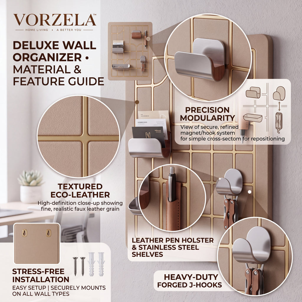 𝑽𝑶𝑹𝒁𝑬𝑳𝑨™ Luxury Modular Wall Organizer – Minimalist Grid Pegboard with Multi-Functional Trays, Hooks & Pen Holder for Home Office & Entryway