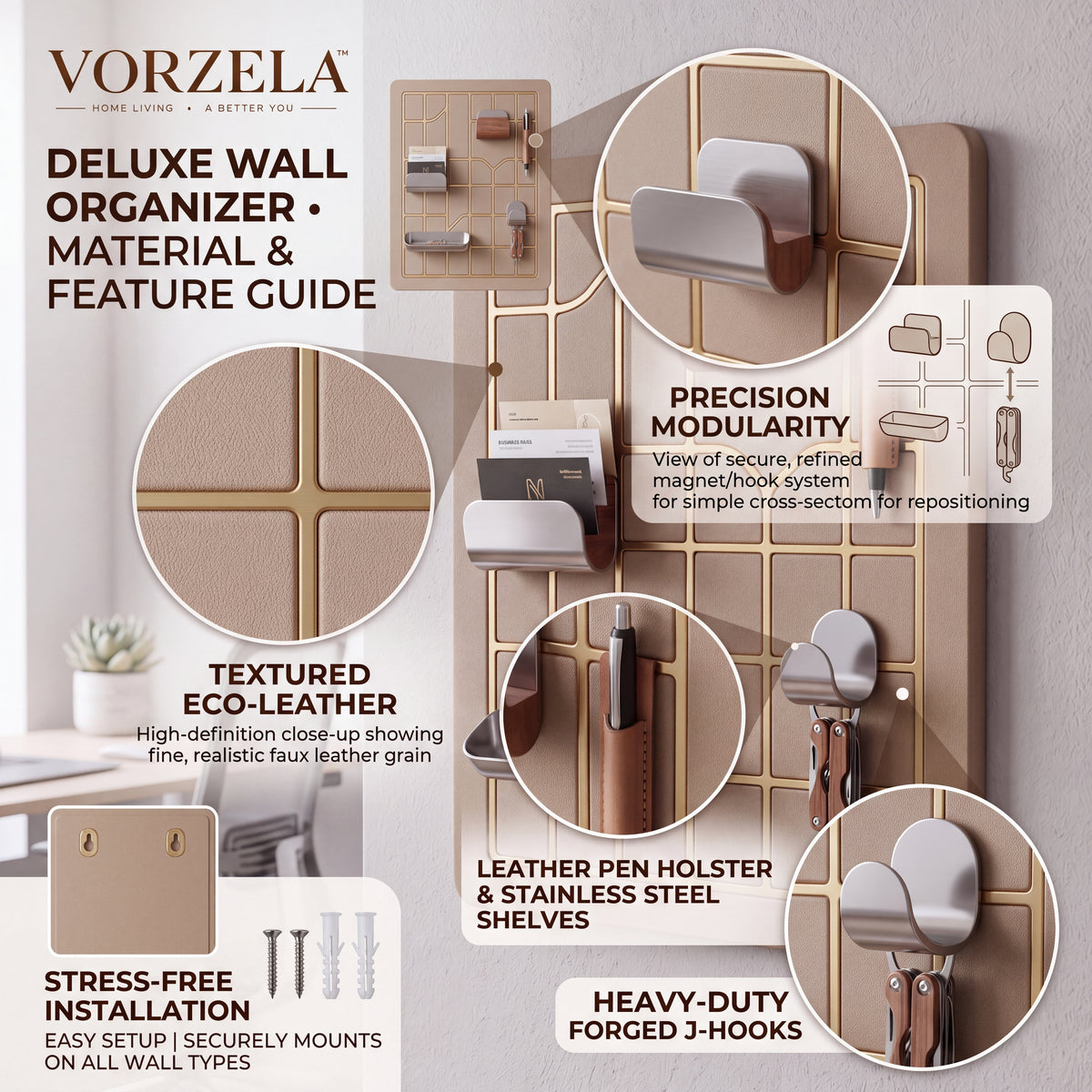 𝑽𝑶𝑹𝒁𝑬𝑳𝑨™ Luxury Modular Wall Organizer – Minimalist Grid Pegboard with Multi-Functional Trays, Hooks & Pen Holder for Home Office & Entryway