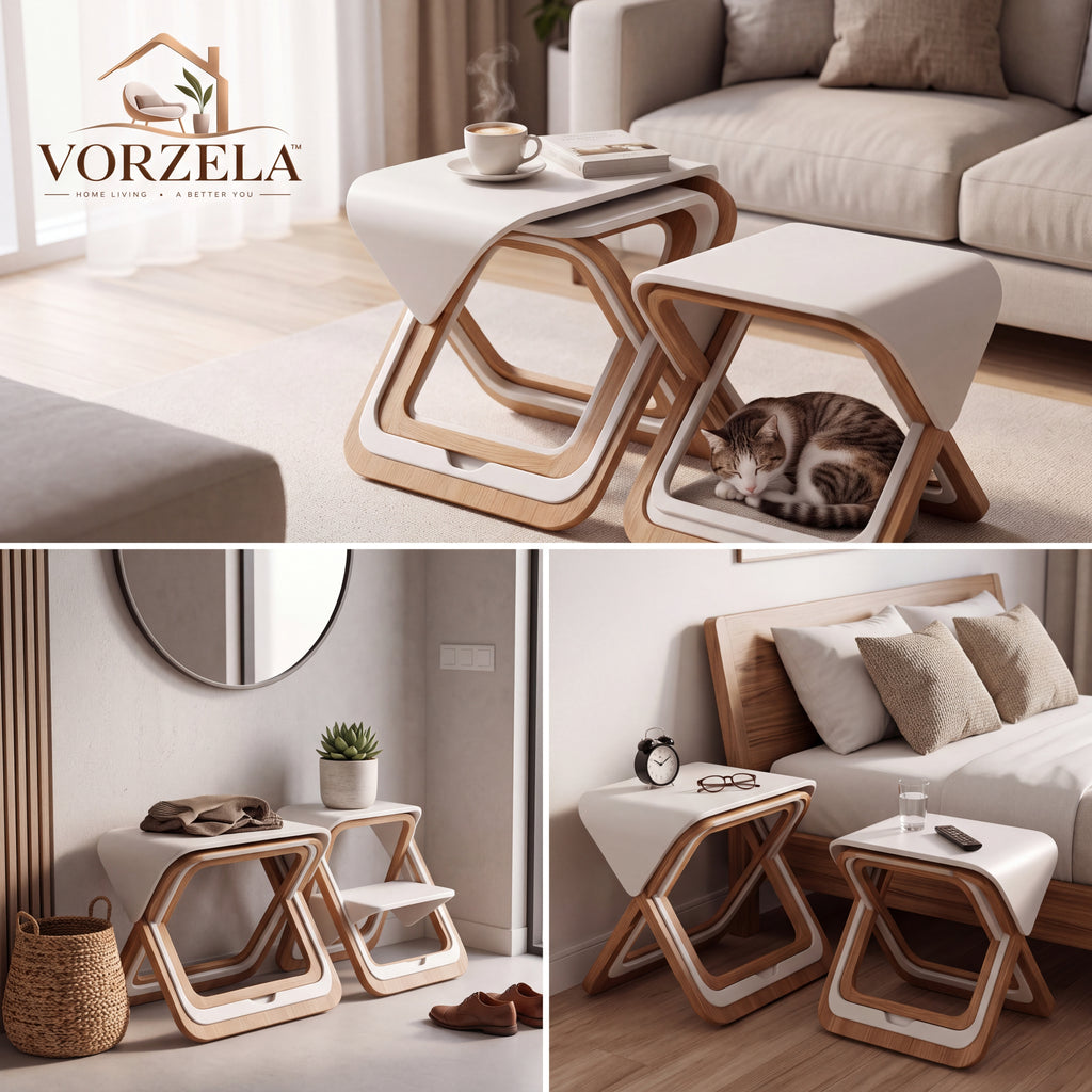 𝑽𝑶𝑹𝒁𝑬𝑳𝑨™ Nest & Fold Modern Accent Stool Set – 3-in-1 Space-Saving Nesting Side Table & Ottoman Stool for Home & Office