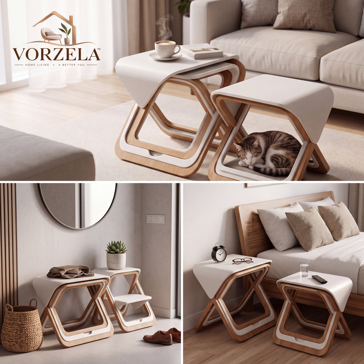 𝑽𝑶𝑹𝒁𝑬𝑳𝑨™ Nest & Fold Modern Accent Stool Set – 3-in-1 Space-Saving Nesting Side Table & Ottoman Stool for Home & Office