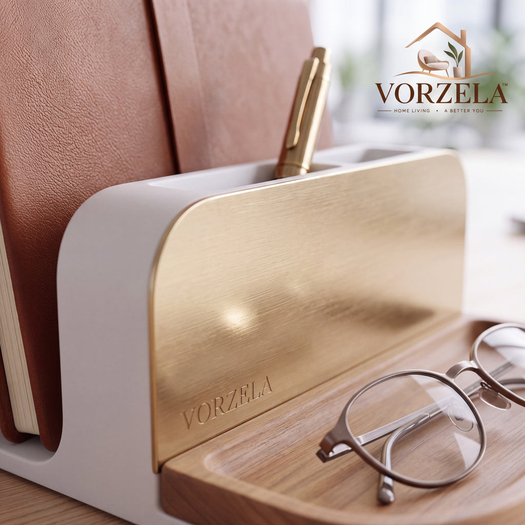 𝑽𝑶𝑹𝒁𝑬𝑳𝑨™ Wave Series Desk Organizer – Modern Multi-Tier Desktop Sorter & Storage Tray with Brushed Brass Accents & Wood Valet for Notebooks, Documents, Pens, and Accessories
