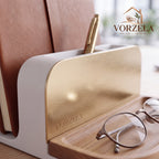 𝑽𝑶𝑹𝒁𝑬𝑳𝑨™ Wave Series Desk Organizer – Modern Multi-Tier Desktop Sorter & Storage Tray with Brushed Brass Accents & Wood Valet for Notebooks, Documents, Pens, and Accessories