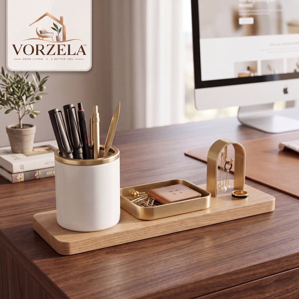 𝑽𝑶𝑹𝒁𝑬𝑳𝑨™ Magnetic Wooden Desk Organizer Set – Modular Aesthetic Desk Caddy with Pen Holder, Brass Catchall Tray & Arch Accessory Hook for Office & Home Workspace